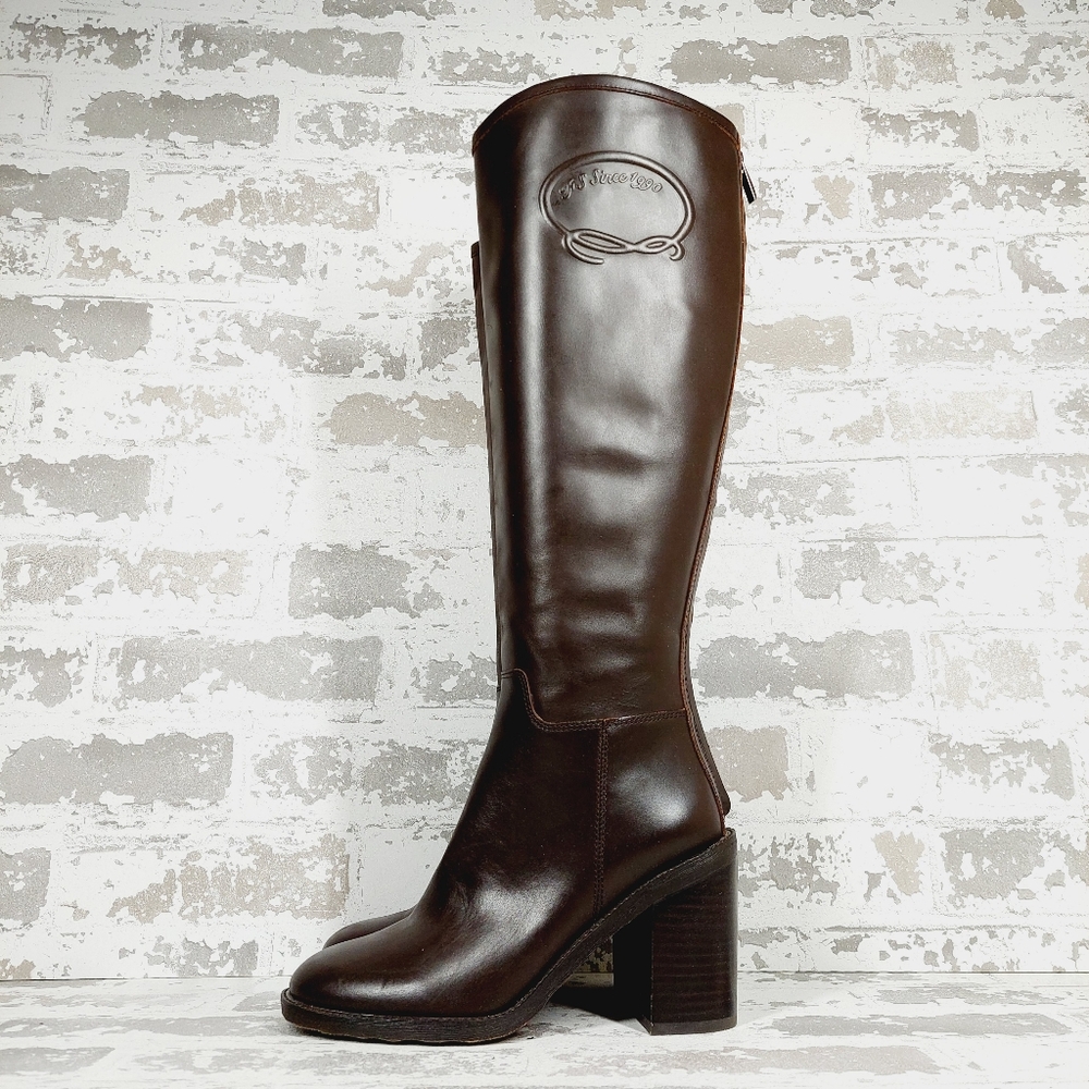 FRANCO SARTO Womens Brown Rivet-Tall Round Toe Block Heel Leather Boots